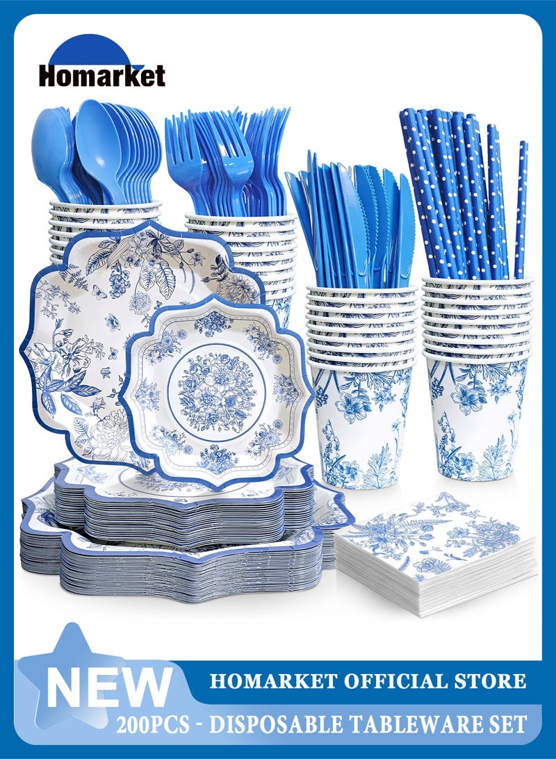 HomarKet 200PCS Disposable Dinnerware Set,25 Guest Party Supplies Dinner Set Include Paper Plates Napkin Cup Straw Plastic Spoon Fork Knive for Baby Shower,Wedding,Birthday (Flower) - Image 1